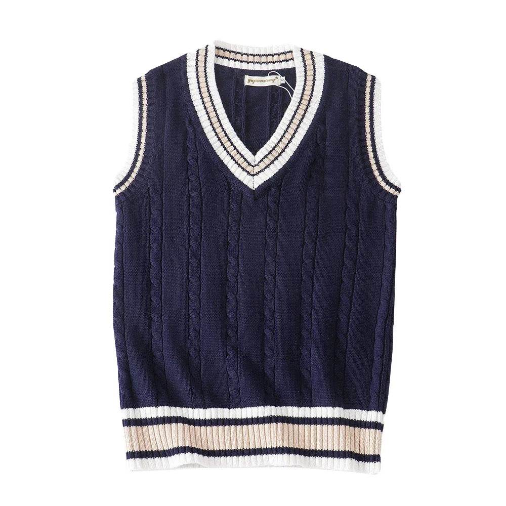 Sweater Vest Men Thicken V-neck Sleeveless Knitted Sweaters Vests Striped Retro Preppy-style Simple Chic Loose Casual All-match - AIAZ