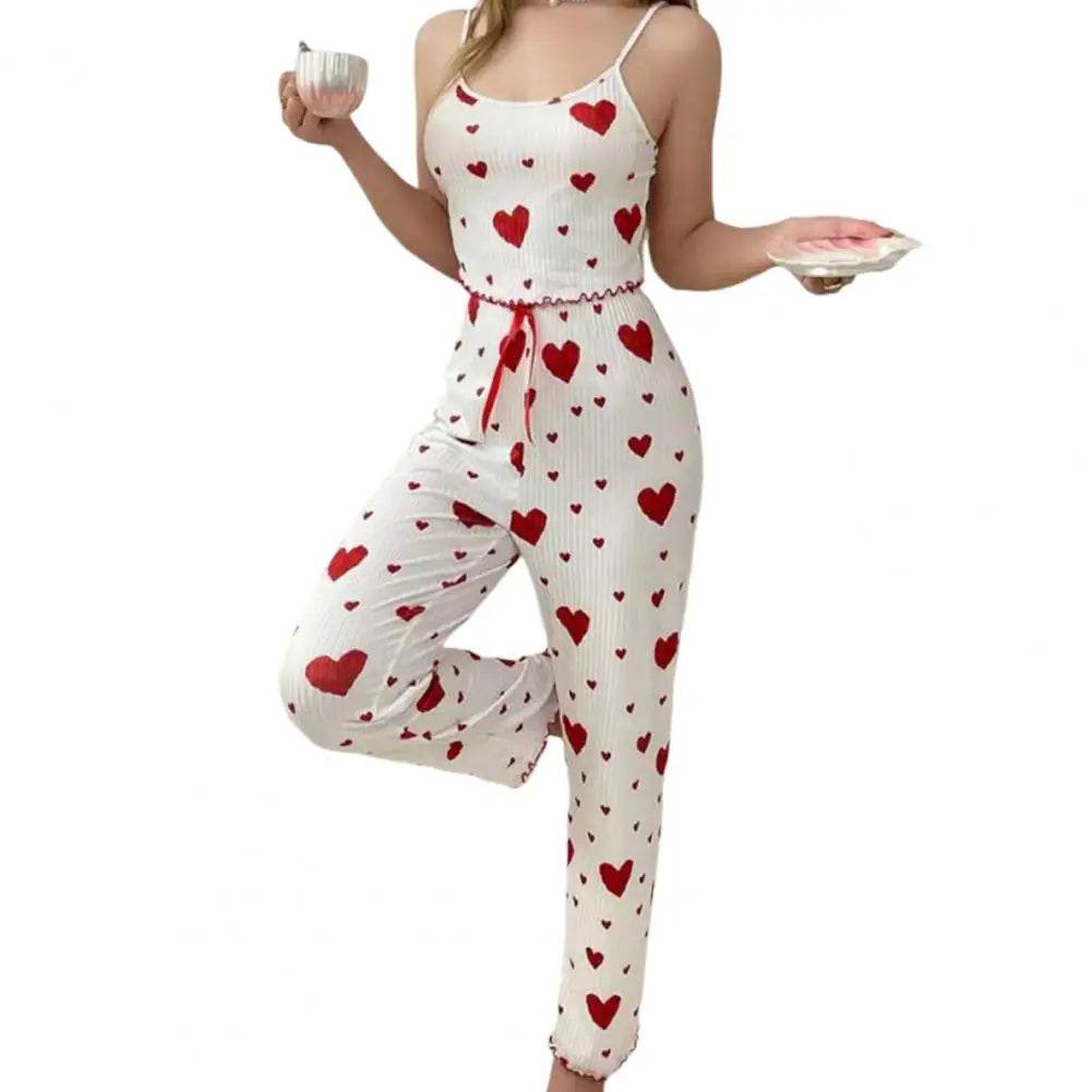 2 Pcs/Set Women Vest Pants Suit Bow Heart Print Sleeveless Shirring Edge Top High Waist Trousers Summer Cotton-blend Pajama Set - AIAZ