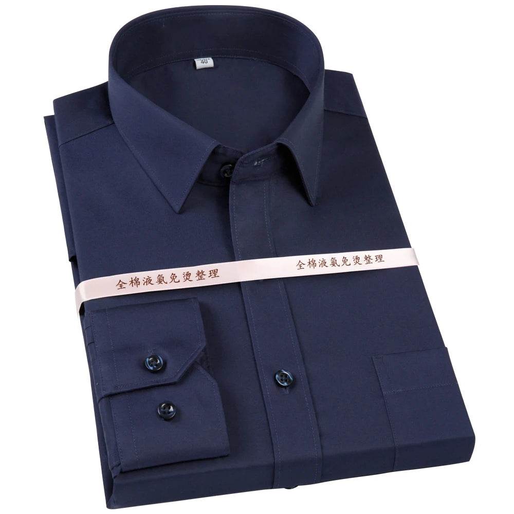 Men's Non Iron Standard-fit Solid Basic Dress Shirt Formal Business Premium 100% Cotton Male Long Sleeve Work Office Shirts - AIAZ