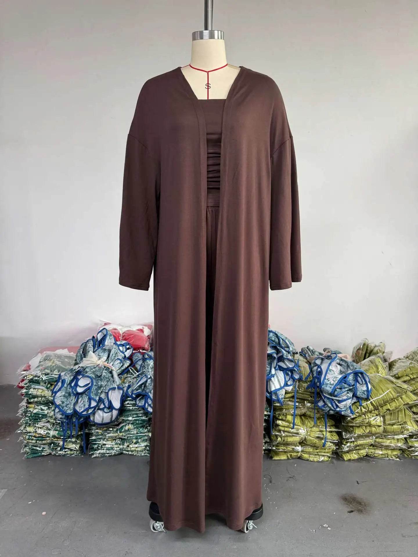 Pants Sets Women Solid Color Loose Long Cardigan Coat Tube Top High Waist Wide Leg Trousers Three Piece Set Casual Lady Suits - AIAZ