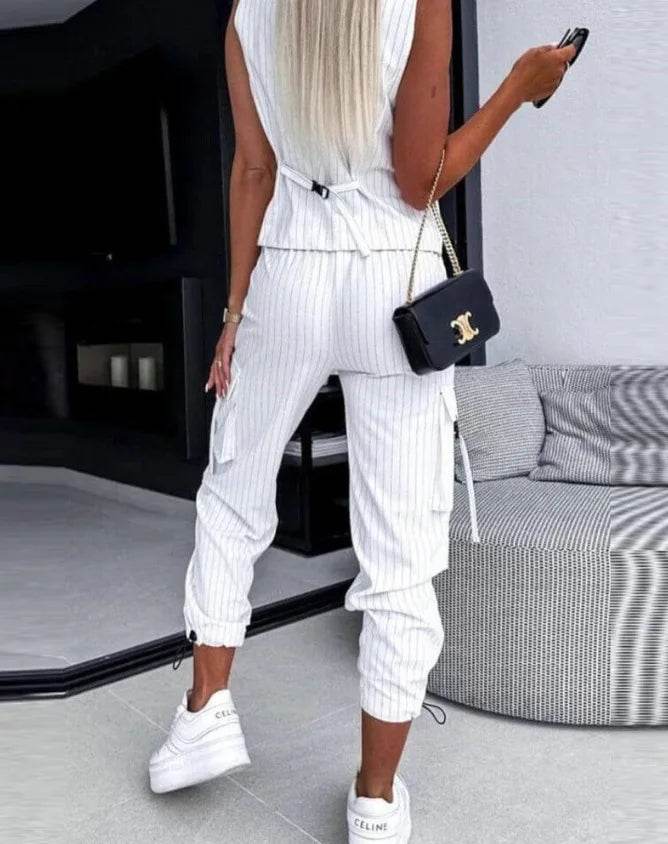 White Striped Vest Suit For Women Summer Casual V-neck Button Top Pocket Loose Pants Outfits Two-piece Suit For Women Elegant - AIAZ