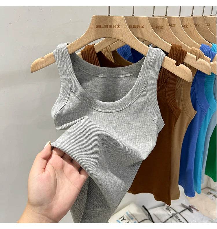 Women Solid Round Neck Ribbed Tank Top Camisole Women 2025 Summer Basic Elastic Tank Top O Neck Solid Tank Top - AIAZ