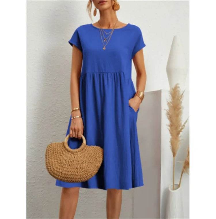 Women's Dresses 2025 Summer Fashion Casual Dresses Women Loose Mid Length Over Knee Dress New Short Sleeve Solid Dress Woman - AIAZ