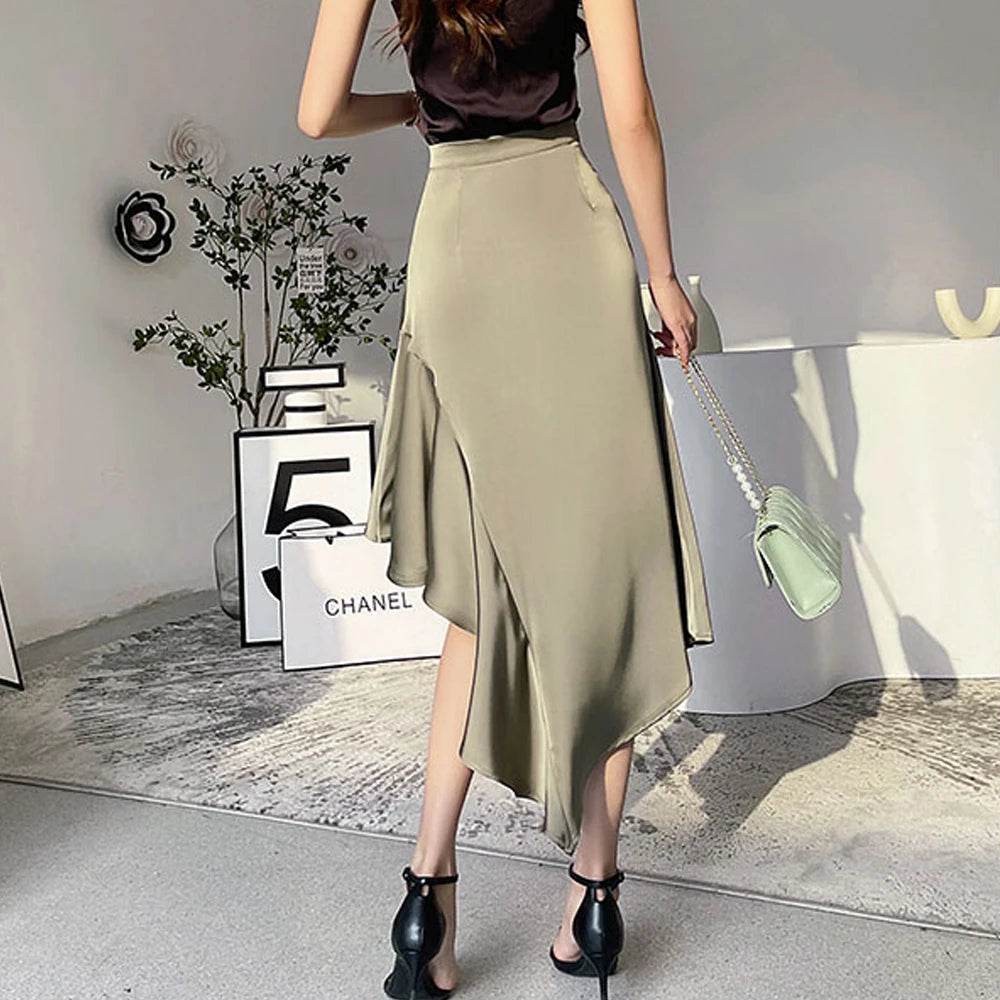 Elegant High Waist Satin Skirts Women Irregular Mermaid Skirt Fashion Streetwear Casual A-Line Skirts Office Lady Long Skirts - AIAZ