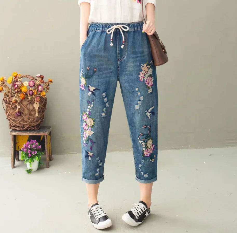 Womens Vintage Floral Loose Denim Pants 2025 Spring Chinese Style Casual Ripped Blue Jeans Holes Elastic Harem Trousers - AIAZ