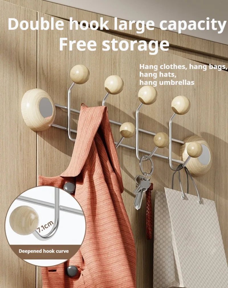 Stainless Steel Double Rows Door Hooks Simple Wood Grain Strong Adhesive Hooks Creative Multifunctional Art Home Decoration