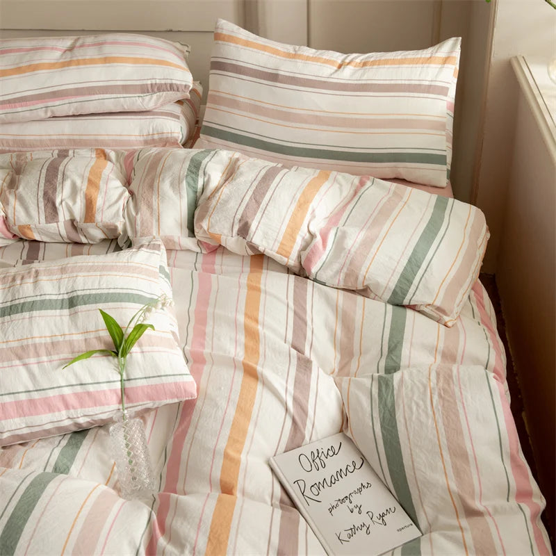 Striped Duvet Cover Set Queen 100% Washed Cotton Bedding Set, Luxury Soft Pink Vertical Ticking Stripes Comforter Cover, (3pcs)