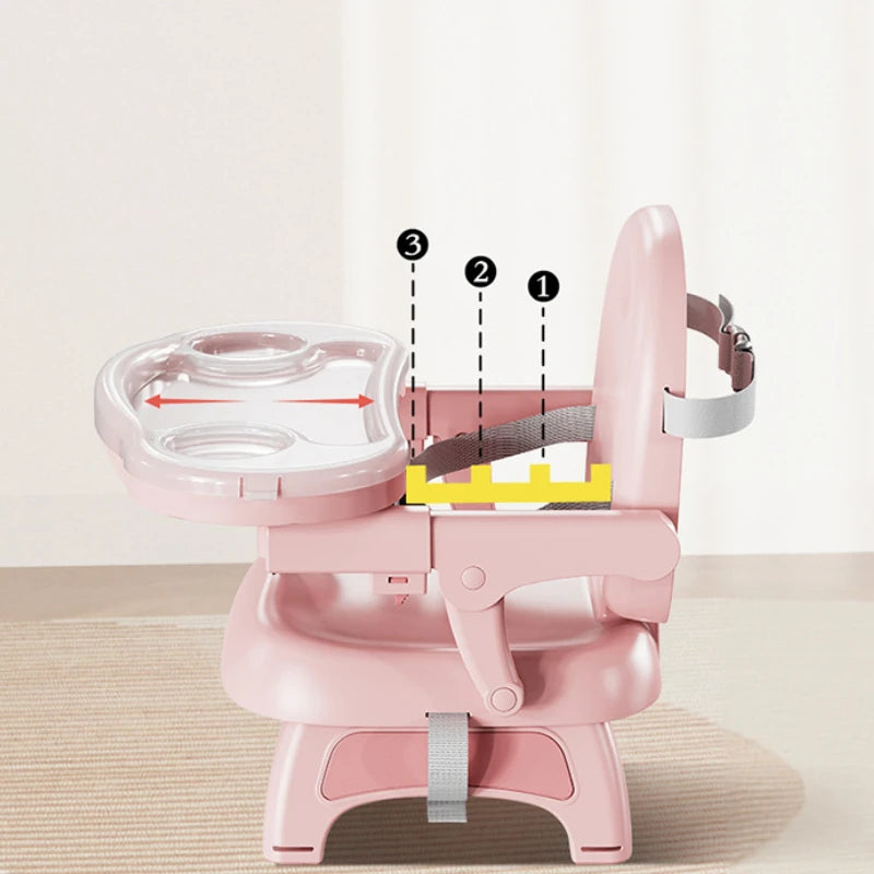 Foldable Baby Dining Chair - Adjustable Height Portable Highchair with Anti-Slip Base & Safety Harness for Home/Restaurant Use