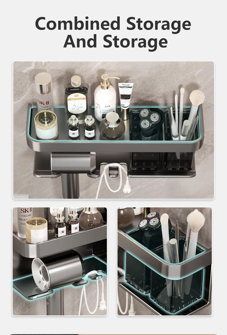 Hair Dryer Holder No punching Wall Mounted Bathroom Shelf Makeup Storage Organizer With Storage Box Aluminum Hair Dryer Rack