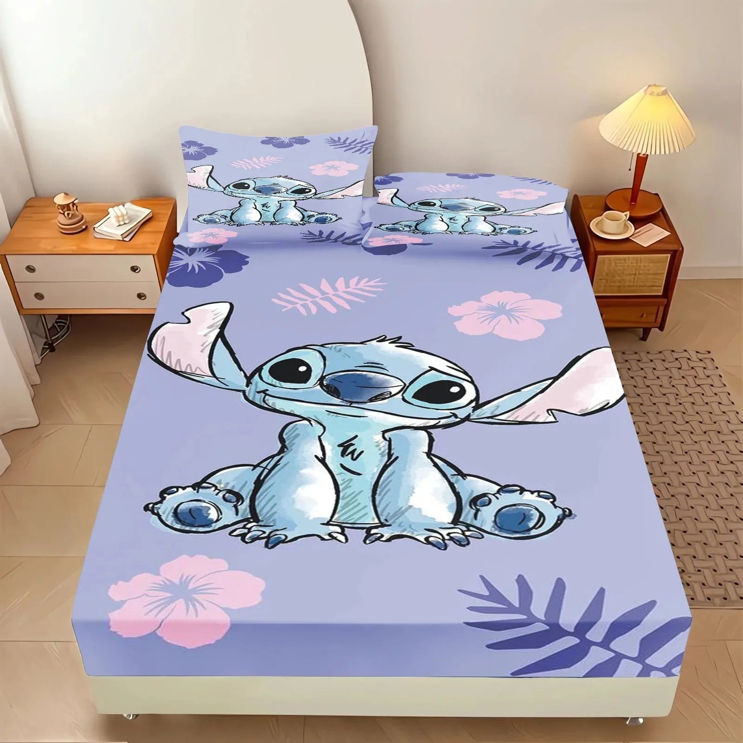 Stitch Bedding Set Fitted Sheet 3pcs,Cartoon Printed With Pillowcase,Suitable For Children And Adults 3D Bedding