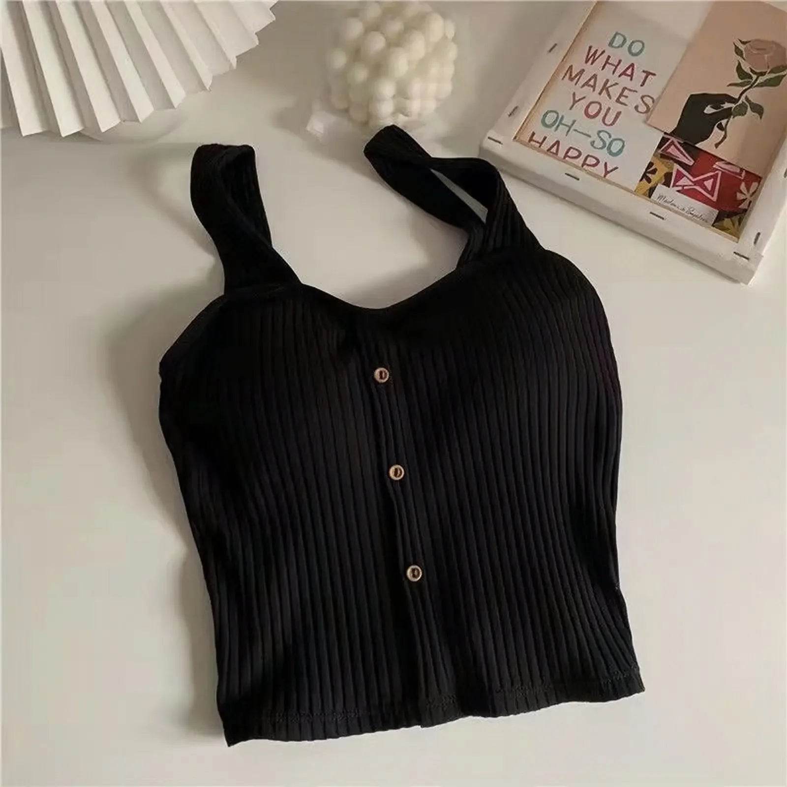 Women's Cropped Tops with Bra Pads Summer Corset Korean Suspenders Vest Sexy Camisole Slim - AIAZ