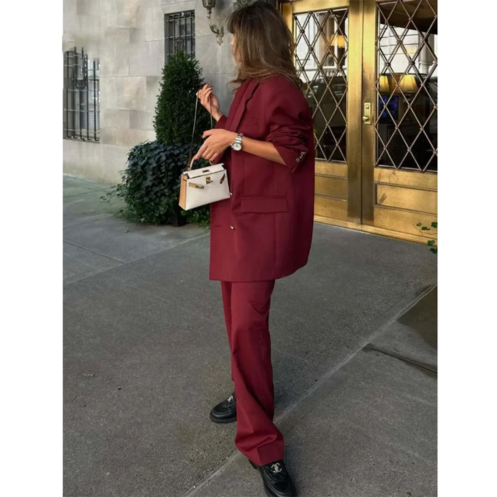 Fashion Chic Burgundy Blazers Sets for Women Notch lapel 2 Piece Jacket Pants Female Clothing Slim Fit Office Lady's Suits