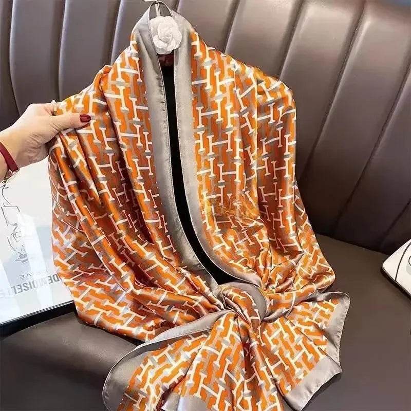 New Summer Women's Silk Scarf Sun Protection Satin Print Extra Long Beach Cover Up Decorative Mom's Shawl Fashionable Accessory - AIAZ