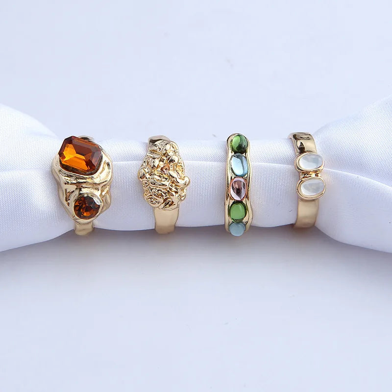2024 New Tide Individuality Retro Geometric Hollowing Inlay Gem Rings SetLiquid State Metal Four-Piece Rings Set Paty Jewelry