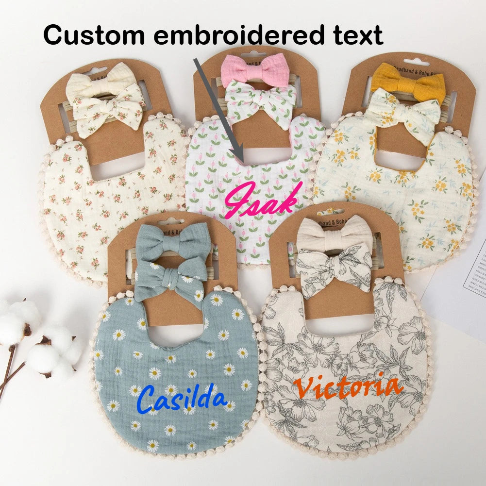 Personalized Custom name Embroidered Newborn letter Nursery Baby Bibs burp cloth suit Cotton Gifts for Boy Girl  ﻿