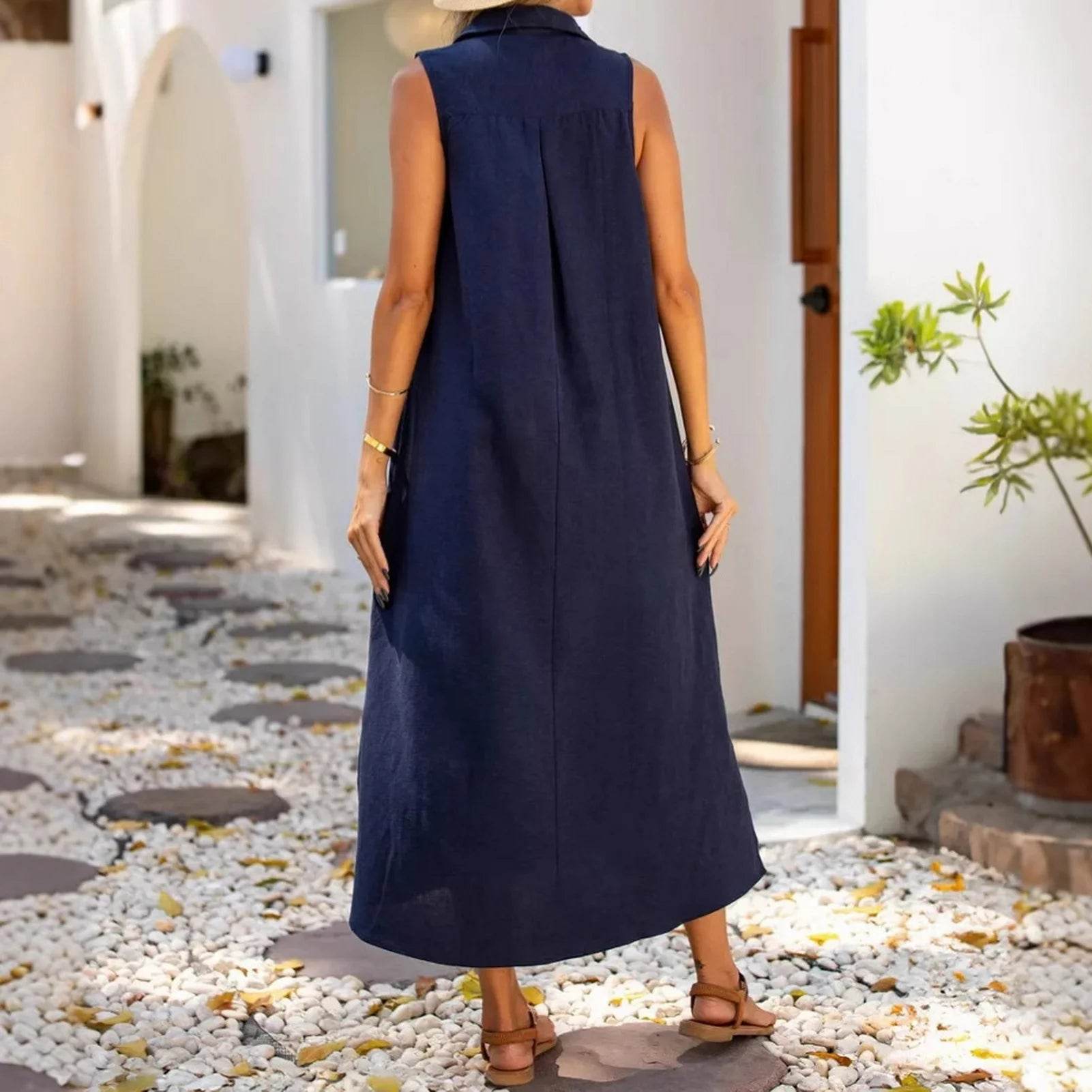 Dresses Woman Party Night V Neck Solid Color Tank Dress Cotton Linen Casual Loose Sundress Plain Long Dresses Vestidos Largos - AIAZ