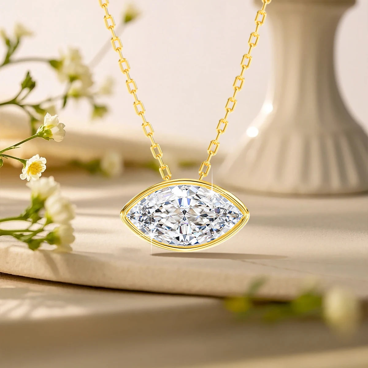 100% 14K Gold Marquise Cut Moissanite Pendant Necklace for Women Wedding Solitaire Choker Minimalist Luxury Collarbone Chain