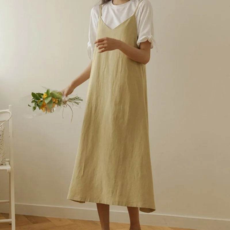 Dresses for Women 2025 Loose Elegant Dress Woman Sexy Sleeveless Spaghetti Strap Pockets Cotton Off The Shoulder Dress KE1409 - AIAZ