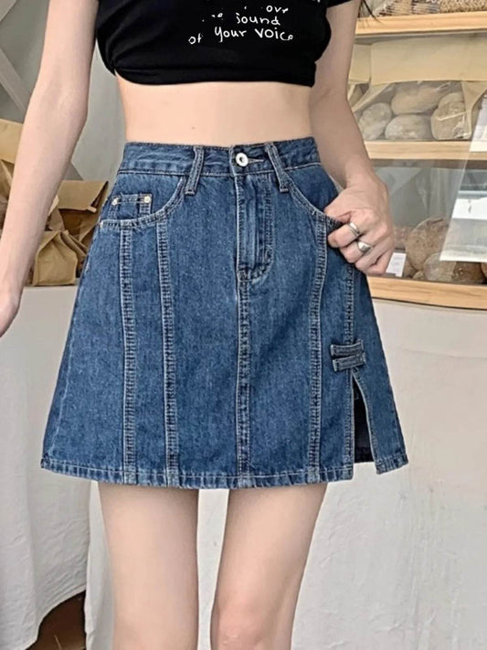 High Waist A-Line Skirt Women's Denim ort Skirt Summer New Sle plus Size Slimming Trendy Korean Sle Pure Color But... - AIAZ