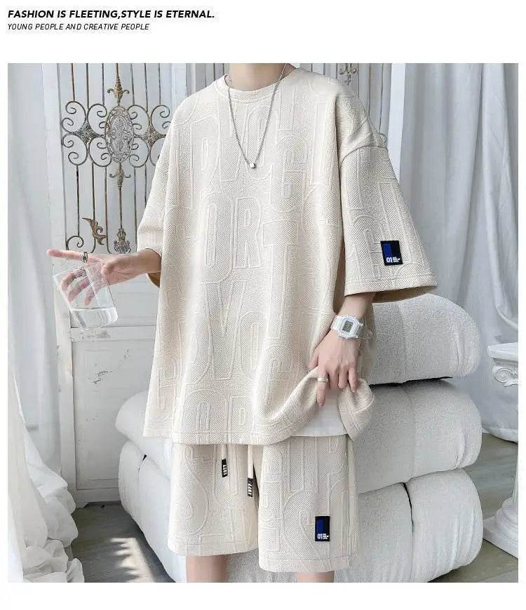 2025 3D Men's new Waffle TZ30 Summer Suit Casual T-shirt + Shorts Suit Men's Tracksuit Solid color tracksuit loose suit - AIAZ