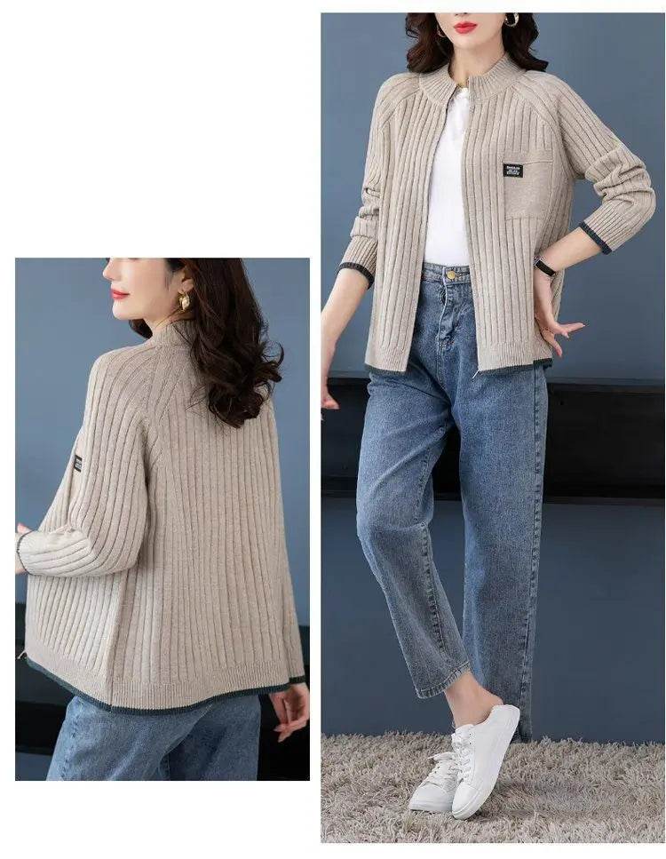 Knitted Cardigan Women's Coat 2025 Autumn Winter New Long sleeved Casual Zipper Sweaters Outwear Female Short Knitt Jacket - AIAZ