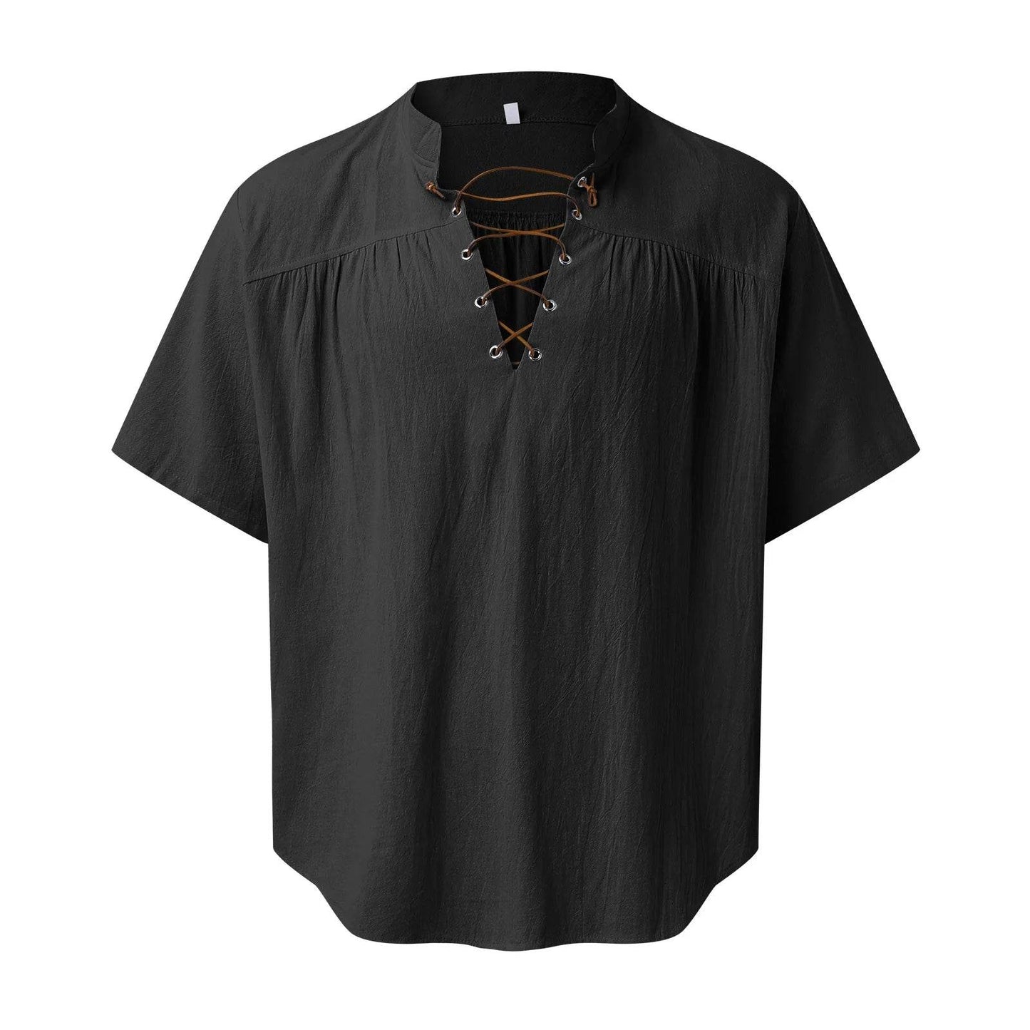 Medieval Costume Shirts Men Short Sleeve Vintage Renaissance V Neck Lace up Blouse Tops - AIAZ