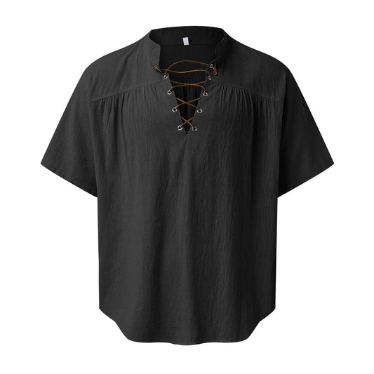 Medieval Costume Shirts Men Short Sleeve Vintage Renaissance V Neck Lace up Blouse Tops - AIAZ