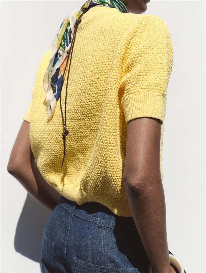 Women's cardigan new summer style for 2025 yellow short-sleeve knitted jacket star button decoration casual fashion - AIAZ