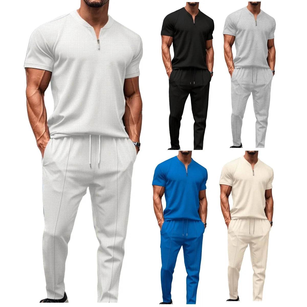 2025 Men's new summer suit Waffle collar solid color zipper short sleeve pants suit fashion casual loose sportswear - AIAZ