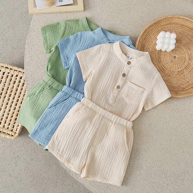 Suefunskry Toddler Boys Summer 2Pcs Casual Outfits Solid Color Short Sleeve Button Tops and Elastic Waist Shorts Sets 6M-4Y