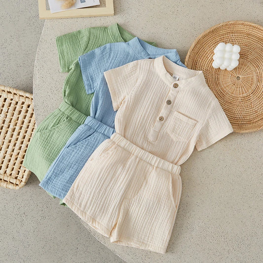 Suefunskry Toddler Boys Summer 2Pcs Casual Outfits Solid Color Short Sleeve Button Tops and Elastic Waist Shorts Sets 6M-4Y