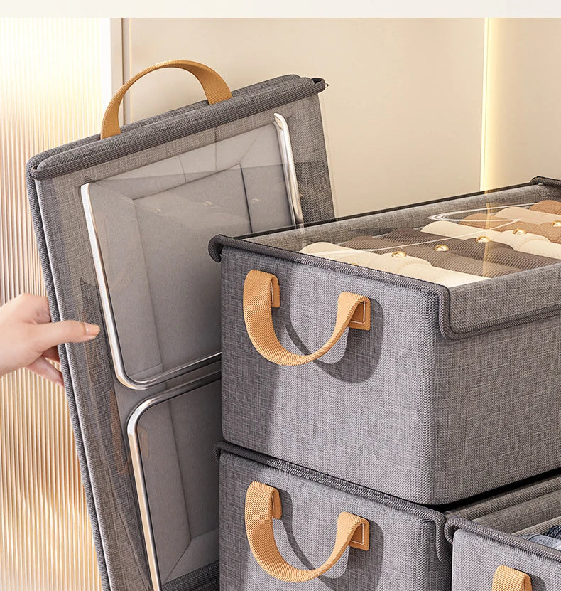 Collapsible Clothing Organizer Folding Clothes Storage Basket with Cover Metal Frame Underwear Storage Box Wardrobe Organizer