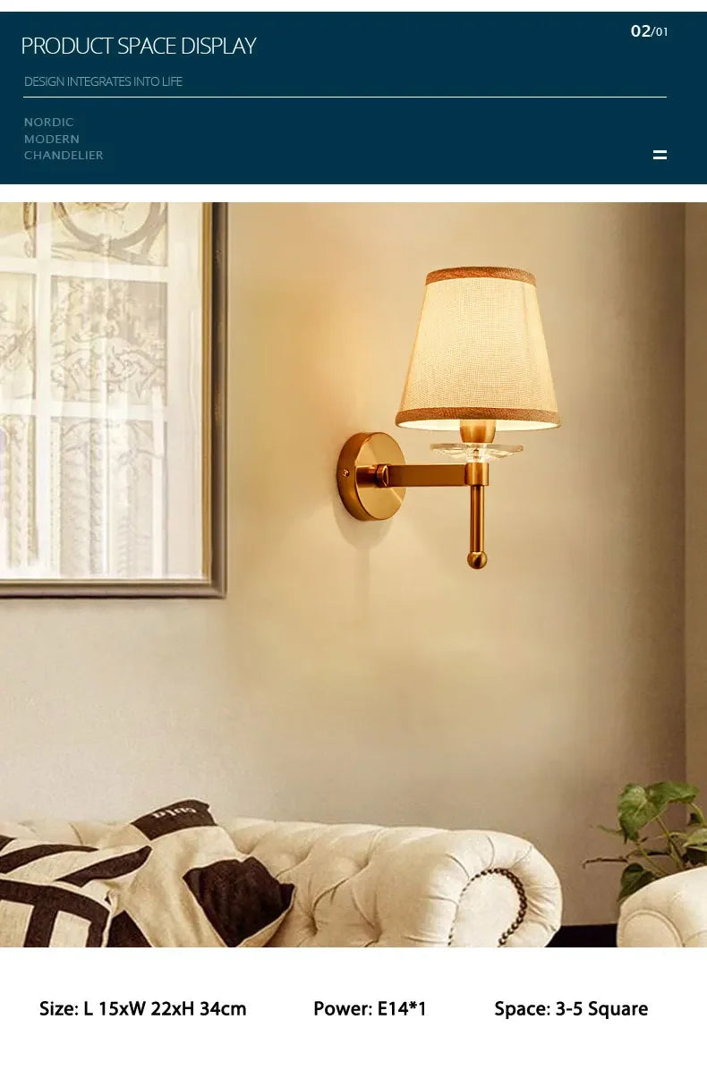 European Style Copper Led Color Wall Lamp Bedroom Bedside Living Room TV Background  Light Simple Hotel Villa Decor Lighting