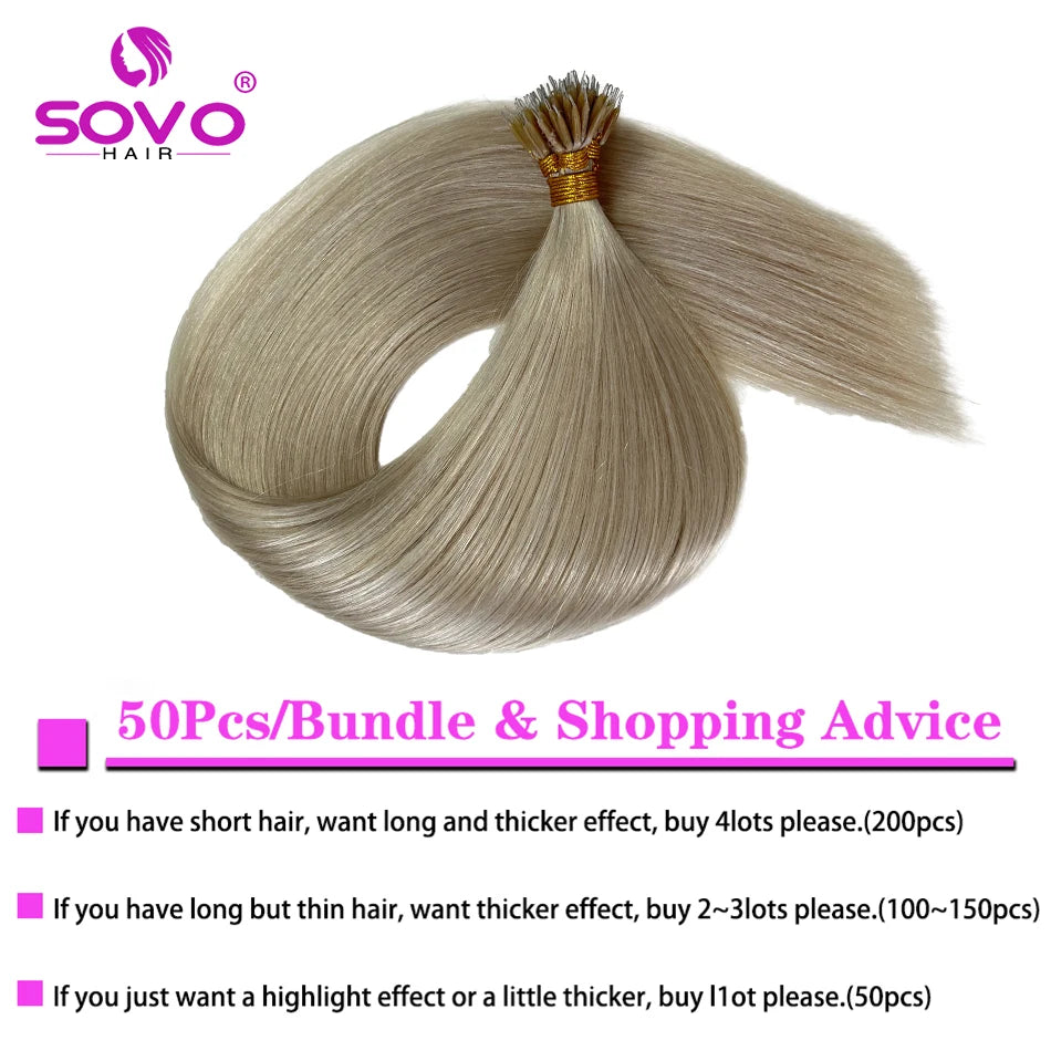 SOVO 100 Strands Nano Rings Human Hair Extensions Natural Blonde Micro Bead Loop Pre Bonded Remy European Straight Hair