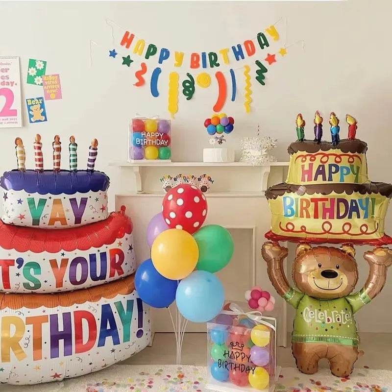 Large Birthday Cake Foil Balloons Cartoon Bear Cake Balloon Kids Toys Happy Birthday Party Decoration Supplies Photo Props INS - AIAZ