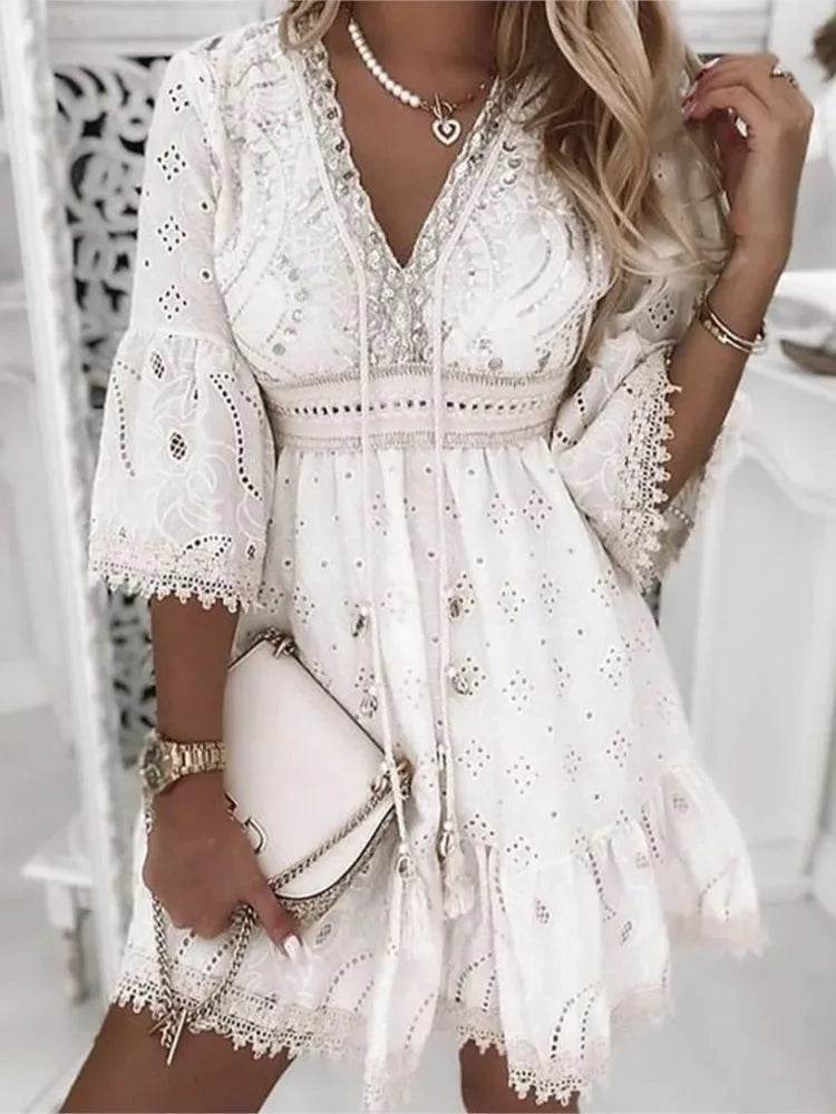 Elegant Women White Hollow Lace Mini Dress Summer V-neck Patchwork Lace Up Three Quarter Sleeve Ladies Vacation Beach Dresses - AIAZ