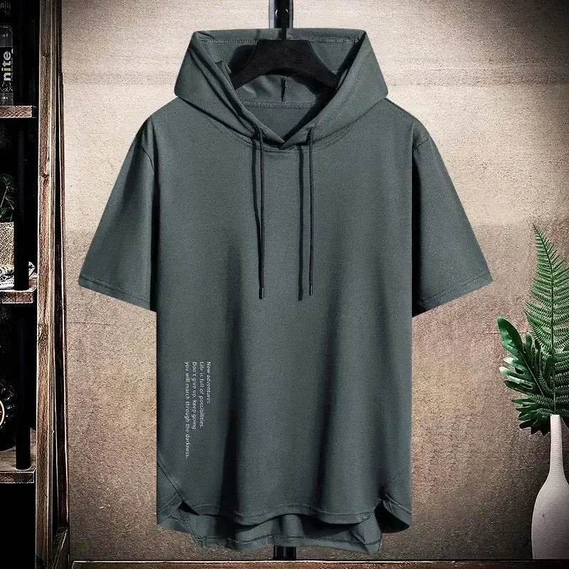2025 Men's Summer Hoodies T-shirts Short Sleeve Solid Color Loose Hooded Drawstring Pullover Tops Basic Tees for Daily Wear Male - AIAZ