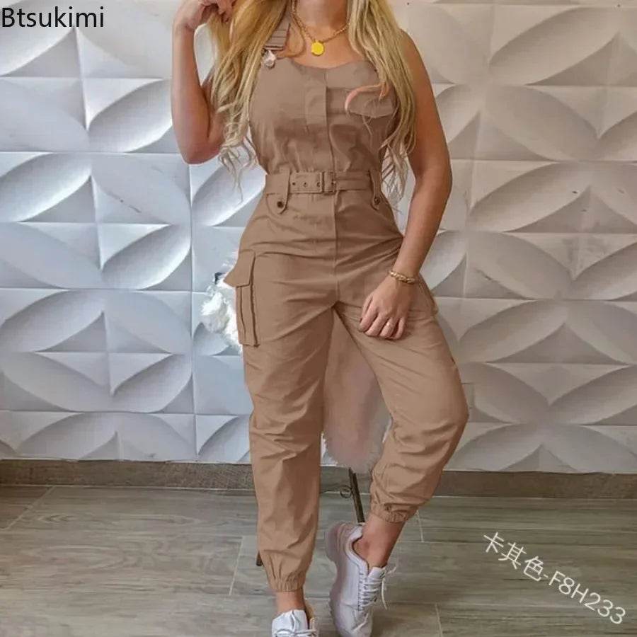 2025 Women's Casual Jumpsuits Cargo Playsuit Sleeveless O Neck Jumpsuit With Pocket and Belt Elegant Pencil Pants Loose Overalls - AIAZ