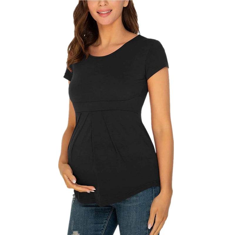 Summer Maternity Tops Women Pregnancy Short Sleeve T-Shirts Casual Tees for Pregnant Elegant Ladies Folds T-Shirt Women Clothes - AIAZ