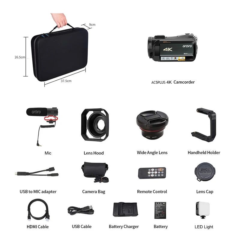 Live Streaming Camera 4K Digital Camcorder Ordro AC5PLUS 12X Optical Zoom for YouTube Vlog Church Wedding Videos Home Use