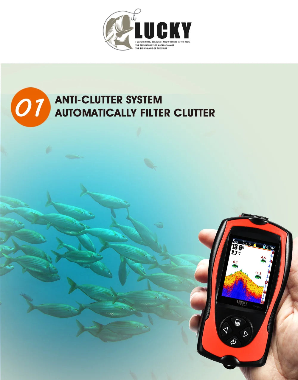 Lucky Sonar Fish Finder FF1108-1CWLA Rechargeable Wireless Sensor 45M Water Depth Echo Sounder Fishing Portable Fish Finder