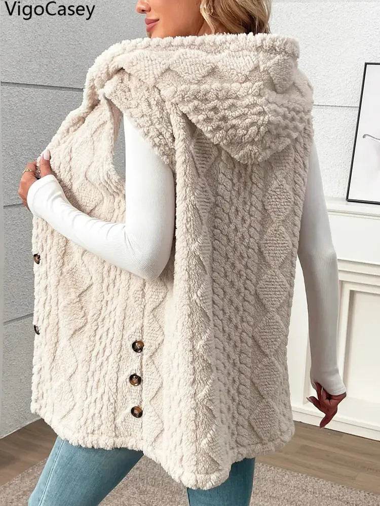 VigoCasey 2025 Casual Sleeveless Thick Vest Coat Woman Solid Hooded Warm Plush Waistcoat Lady Autumn Winter Apricot Vest Jacket - AIAZ
