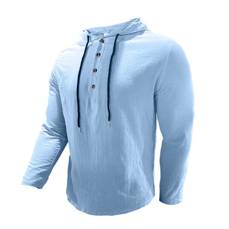 24 New cotton and linen shirts hooded loose large size casual sweater long sleeve hoodie men - AIAZ