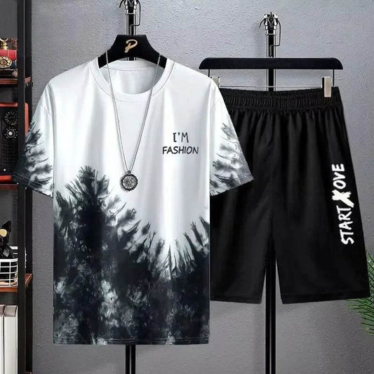 Suits for men 2025 Summer Fashion Polyester Thin Casual Breathable Short Sleeve Printed Sports T-shirt + Shorts Basketball Set - AIAZ