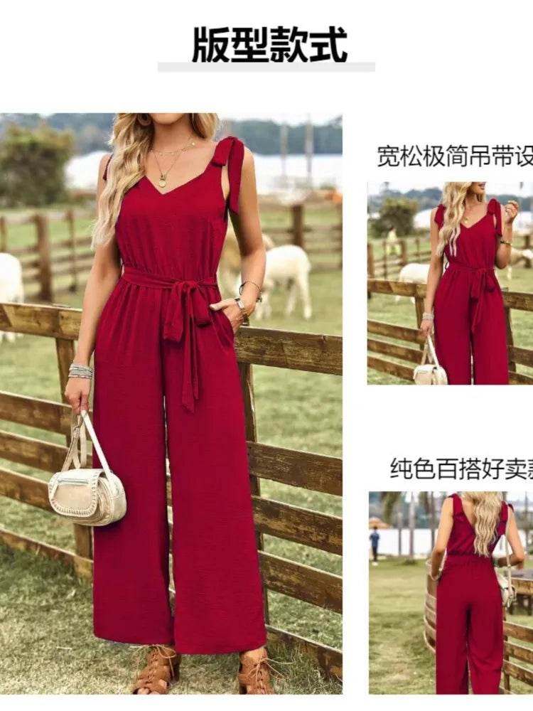 2024 Summer Women's New Commuter Style Solid Color Sexy Back V-neck Bareback Sleeveless Strap Waist Nine Part Pants Jumpsuit - AIAZ