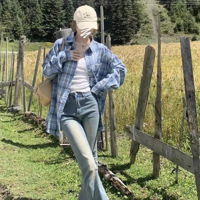 Women Plaid Casual Shirt American Vintage Loose Long Sleeve Sweet Blue Blouse Autumn Preppy Button Elegant Retro Female New Tops - AIAZ