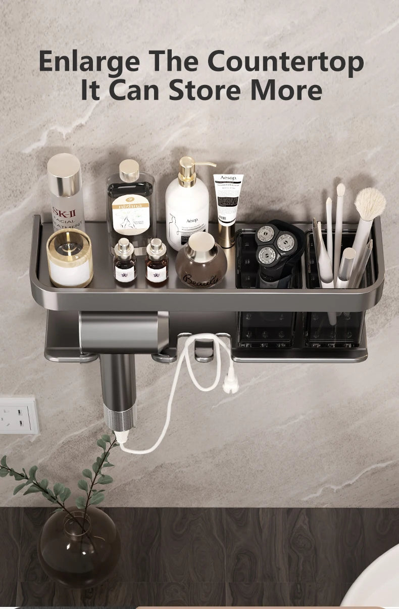 Hair Dryer Holder No punching Wall Mounted Bathroom Shelf Makeup Storage Organizer With Storage Box Aluminum Hair Dryer Rack