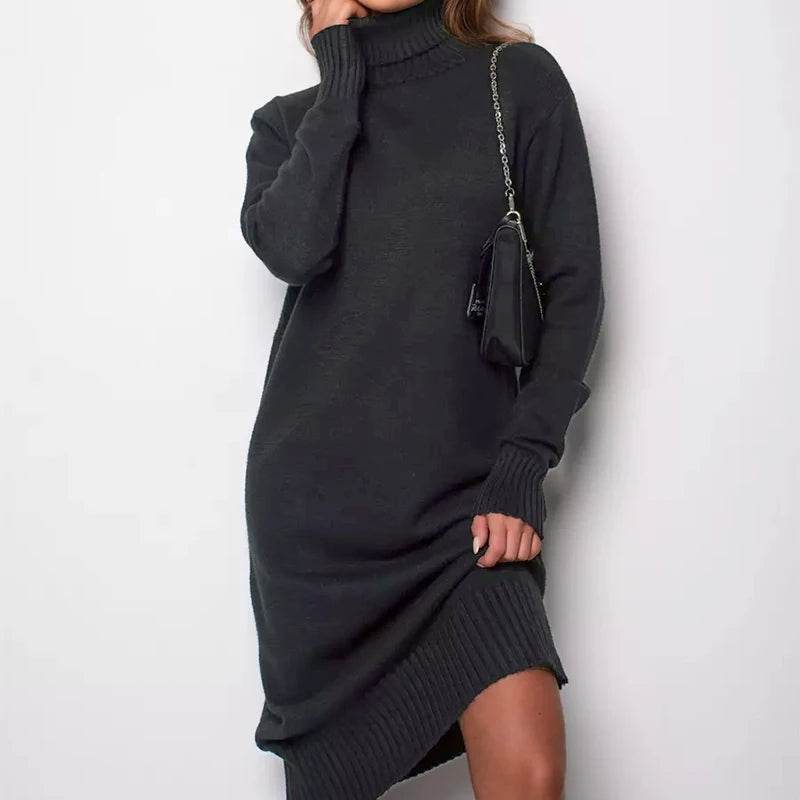 Ribbed Turtleneck Knitted Dress Women Autumn Winter Basic Long Sleeve Sweater Dress Woman Solid Color Long Dresses Female - AIAZ