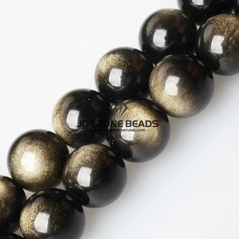 Natural Stone Golden Black Obsidian Bead Shinny Round Loose Gemstone Bead for Jewelry Making Diy Bracelet Necklace Accessory 15"