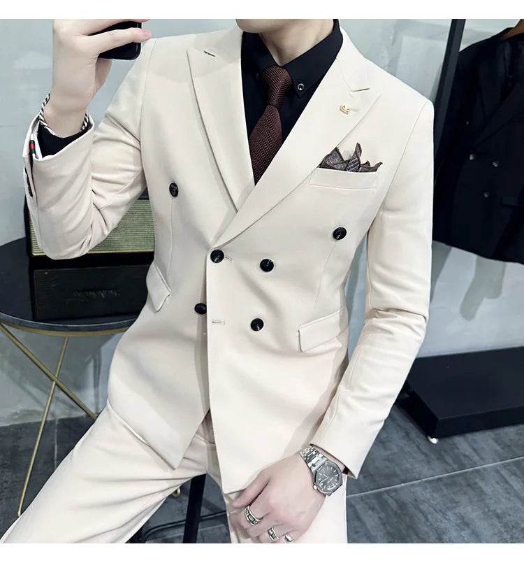 Jackets + Pants / Groom's Wedding Dress Best Fashion Mans Double -breasted Suit Blazer Trousers Male Formal Business Office Suit - AIAZ